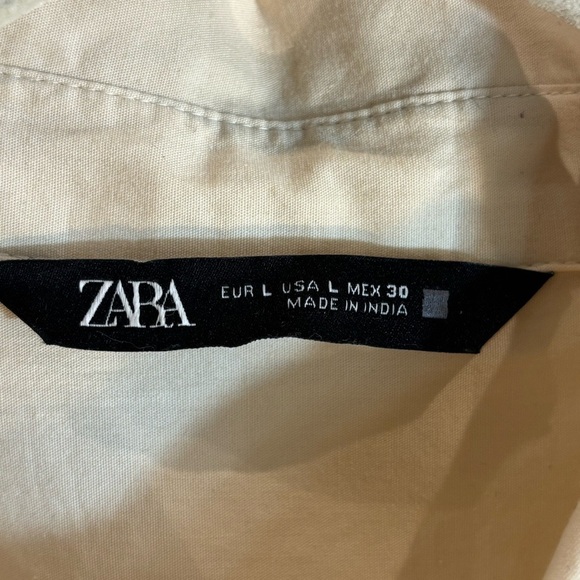 ZARA Sz L Collared Cream Shirt Dress Eyelet Lace Front Puff Sleeves Beaded Belt - Picture 4 of 14